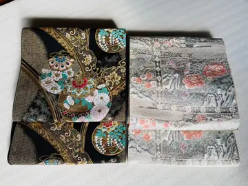 후쿠로 오비 블랙 베이스 골드 컬러 실버 꽃무늬 자수 오비 2개