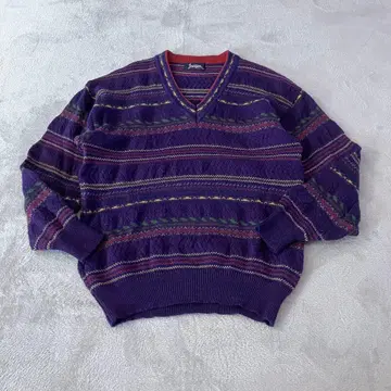 케이블 니트 울 니트 V넥 개성 있는 보더 보라색