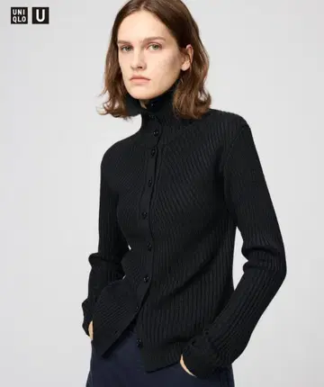 UNIQLOU 메리노 블렌드 하이넥 가디건 L
