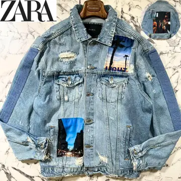 컨디션 최상/명작 (L) ZARA 데님 자켓 프린트 블루 가공
