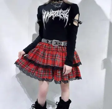 VOLCAN&APHRODITE 빨간색 체크 풍성한 티어드 레이스 스커트