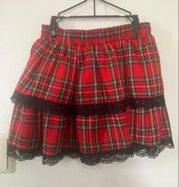 VOLCAN&APHRODITE 빨간색 체크 풍성한 티어드 레이스 스커트