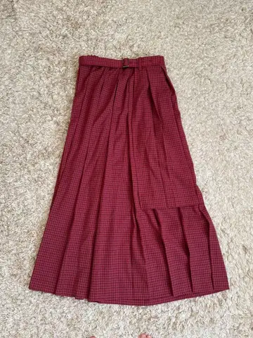 빨간색 체크 플리츠 스커트 롱