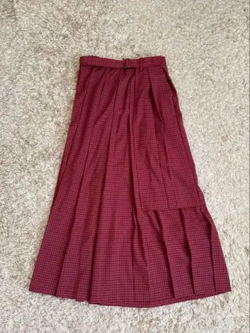 빨간색 체크 플리츠 스커트 롱
