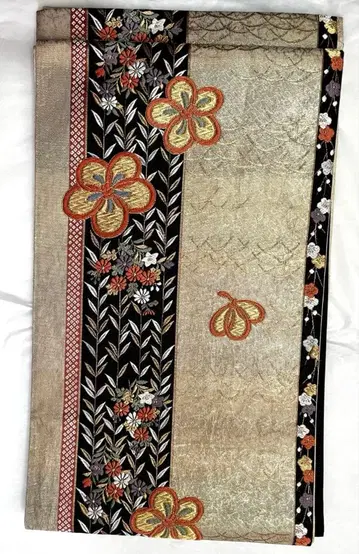후리소데용 후쿠로 오비 금 x 블랙 꽃무늬