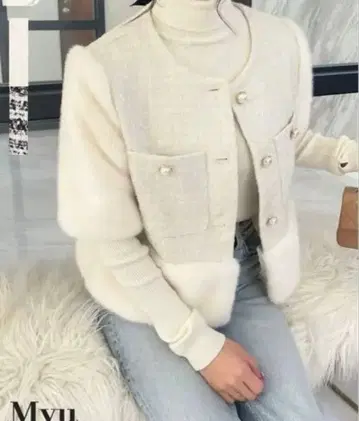 Myu 트위드 퍼 베스트 화이트