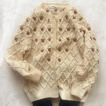 빈티지 팝콘 짜임 니트 가디건 작은 꽃 쇼와 레트로 아이보리