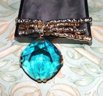 유럽제 대형 아쿠아 블루 유리 빈티지 브로치