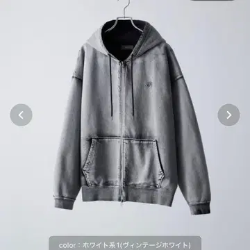 CLEL 헤비 웨이트 로고 자수 풀 집업 후드티 빈티지 화이트 xs