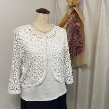 화이트 레이스 가디건 칠부 소매 M