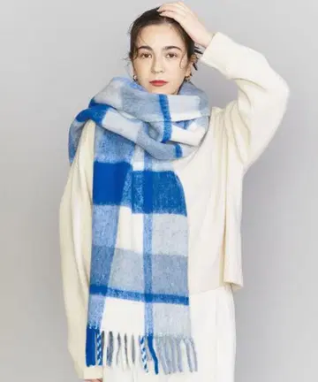 체크 빅 프린지 머플러 블루