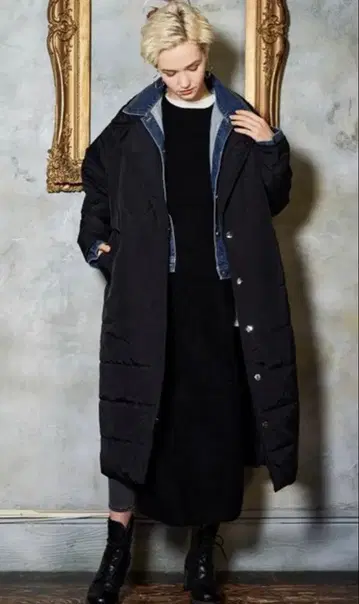 KOH.style 파이핑 에코 다운 퀼팅 데님 레이어드 코트