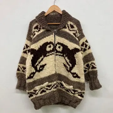 VINTAGE 코위찬 니트 스웨터 범고래 패턴 물고기 캐나디안 TALON