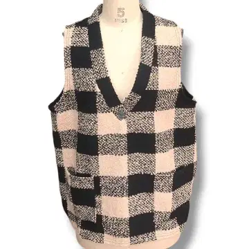 체크 무늬 격자 무늬 블랙 베이지 바이컬러 V넥 베스트