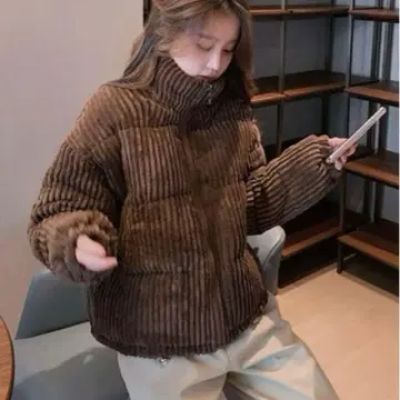 코듀로이 다운 자켓 브라운 인조 가죽 다운 한국