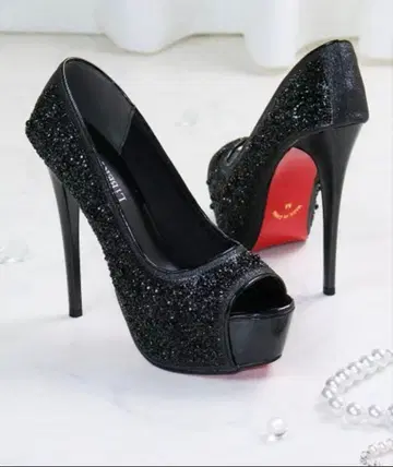 비쥬 장식 블랙 오픈토 15cm 하이힐