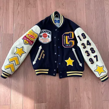 Champion 풀 데코 바시티 자켓 L 사이즈 네이비 크림