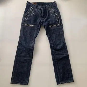 스터드 장식 다크 블루 데님 팬츠