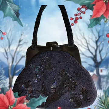 남색 총 비즈 꽃 자수 핸드백