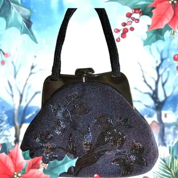 남색 총 비즈 꽃 자수 핸드백