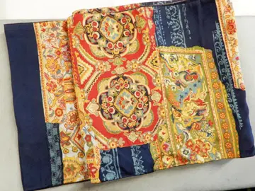 순수 실크 전통 니시진 비단 후쿠로 오비 네이비 색 바탕에 화문 등