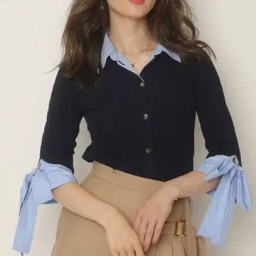 아푸와이저 리셰 소매 리본 레이어드 리브 니트 매장 한정판 네이비