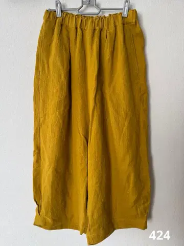 미사용 새상품 TSUHARU 린넨 혼합 소재 머스타드 와이드 사루엘 팬츠