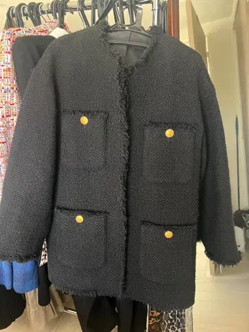 노카라 자켓 블랙 프린지 마감