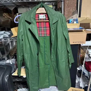 그린 컬러 스텐카라 코트 체크 무늬