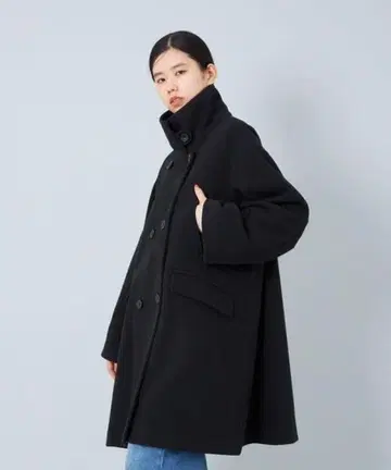 CITEN 스탠드 카라 미디 코트 블랙