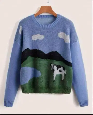 SHEIN 컬러 블록 소 패턴 드롭 숄더 스웨터