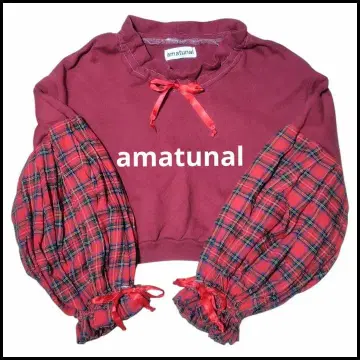 amatunal 아마추널 빨간색 타탄 체크 패턴 퍼프 슬리브 상의