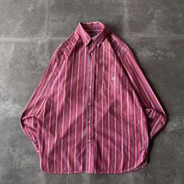 CHAPS BD 셔츠 스트라이프 월계수 자수 로고 L 빨간색 x 파랑