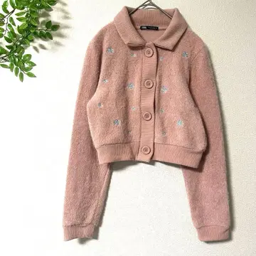 ZARA 자라 카라 부착 니트 가디건 S 긴팔 앞 버튼 핑크