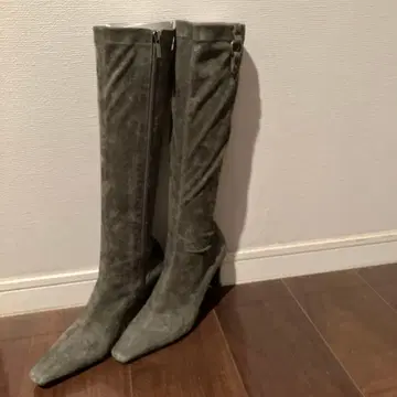 카키(그레이지) 스웨이드 스틸레토 롱 부츠