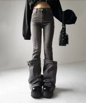 미밈 셀렉트 레그 커버 와이드 롤업 스트레치 블랙 데님