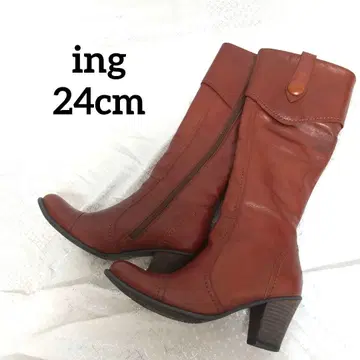 [ 새상품급 ] ing 천연 가죽 롱 부츠 브라운 가죽 24cm 잉그