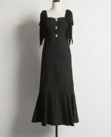 어깨 리본 프론트 비쥬 데님 머메이드 오버롤 스커트 toccocloset