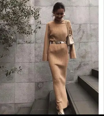 Ameri 리브 니트 원피스 카멜