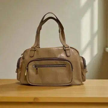 사자비 SAZABY 베이지 가죽 숄더 보스턴 백 천연 가죽