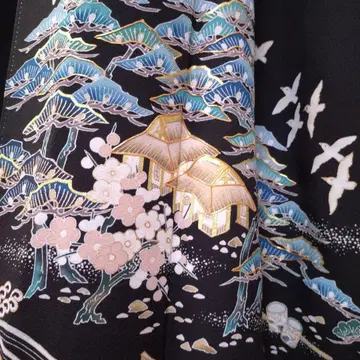 블랙 전통 예복 기모노 산천풍경 자수 기모노
