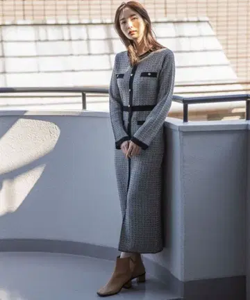 안데뮤 트위드 하이 콤비 니트 원피스
