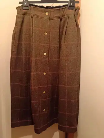 브라운 체크 무늬 트위드 스커트 울 스커트 밴딩 스커트