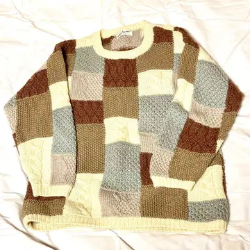 패치워크 니트 스웨터 긴팔 울 100% 두꺼운 원단