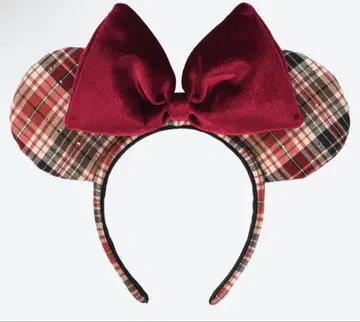 체크 무늬 머리띠 보르도 리본