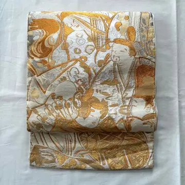 후쿠로 오비 순수 실크 크림색 금실 은실 이야기풍 문양