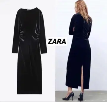 ZARA 벨벳 드레이프 롱 원피스 블랙 슬릿