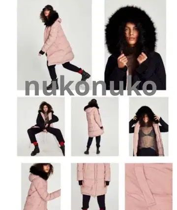 새상품급 자라 다운 코트 리버서블 퍼 핑크 블랙 XS