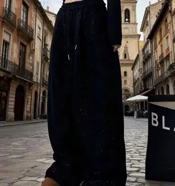 스팽글 장식 블랙 와이드 팬츠