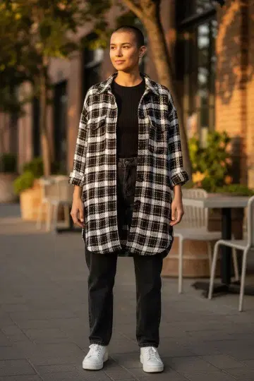 ZARA 블랙 화이트 체크 무늬 롱 셔츠